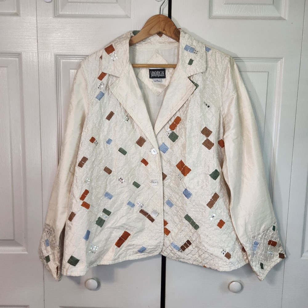 Yak‎ Magik Womens XL Quilted Silk Blazer Jacket Mirror Embroidery Nepal Cream
